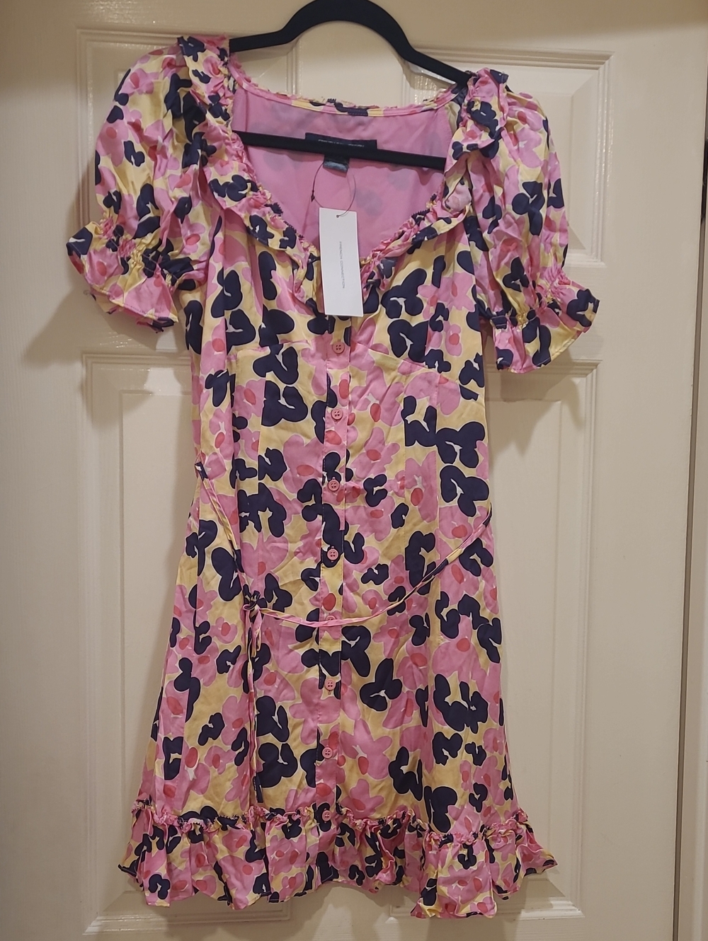 French Connection Pink Yellow Floral Ruffle Button-Front Dress